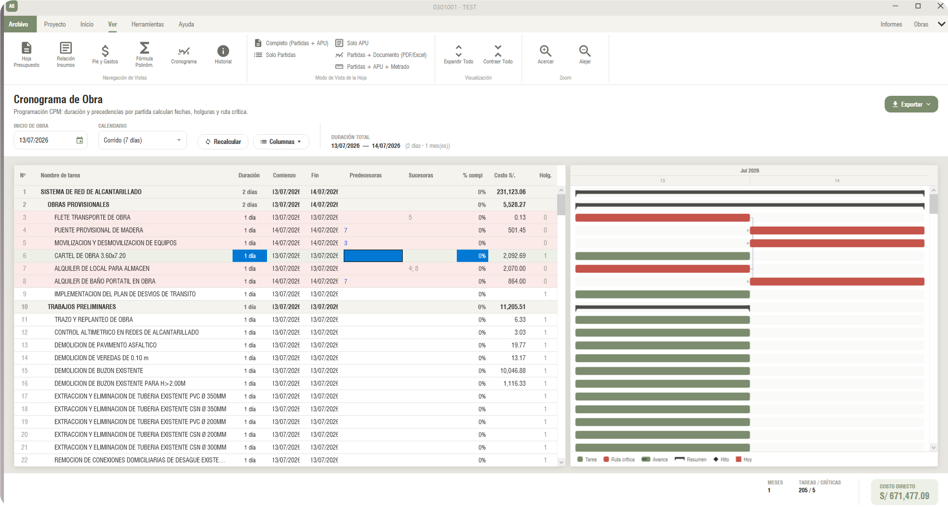 Cronograma de obra con motor CPM, tabla de tareas y diagrama Gantt con ruta crítica