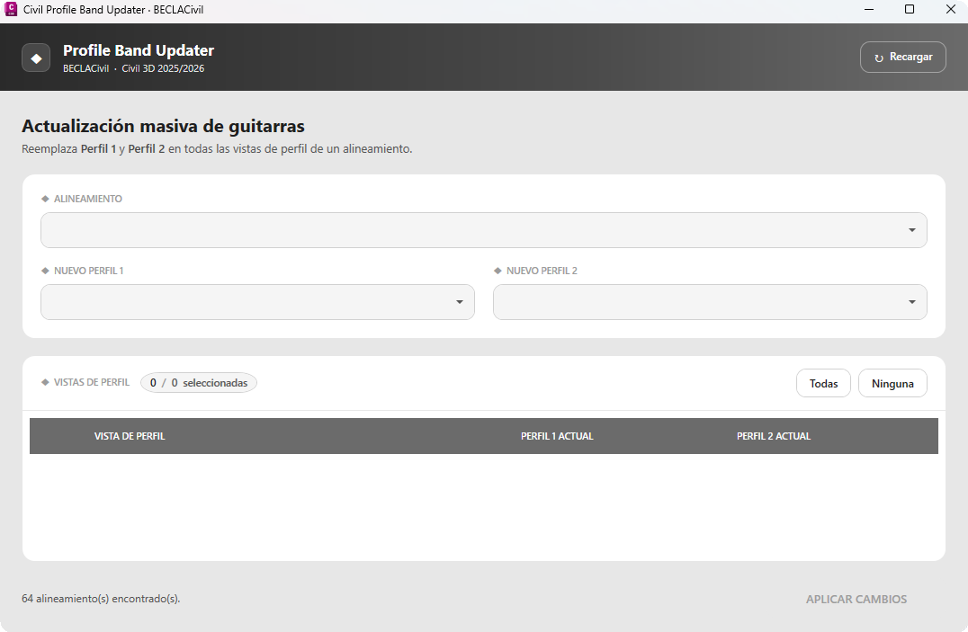 Vista inicial del plugin Profile Band Updater con dropdowns vacios