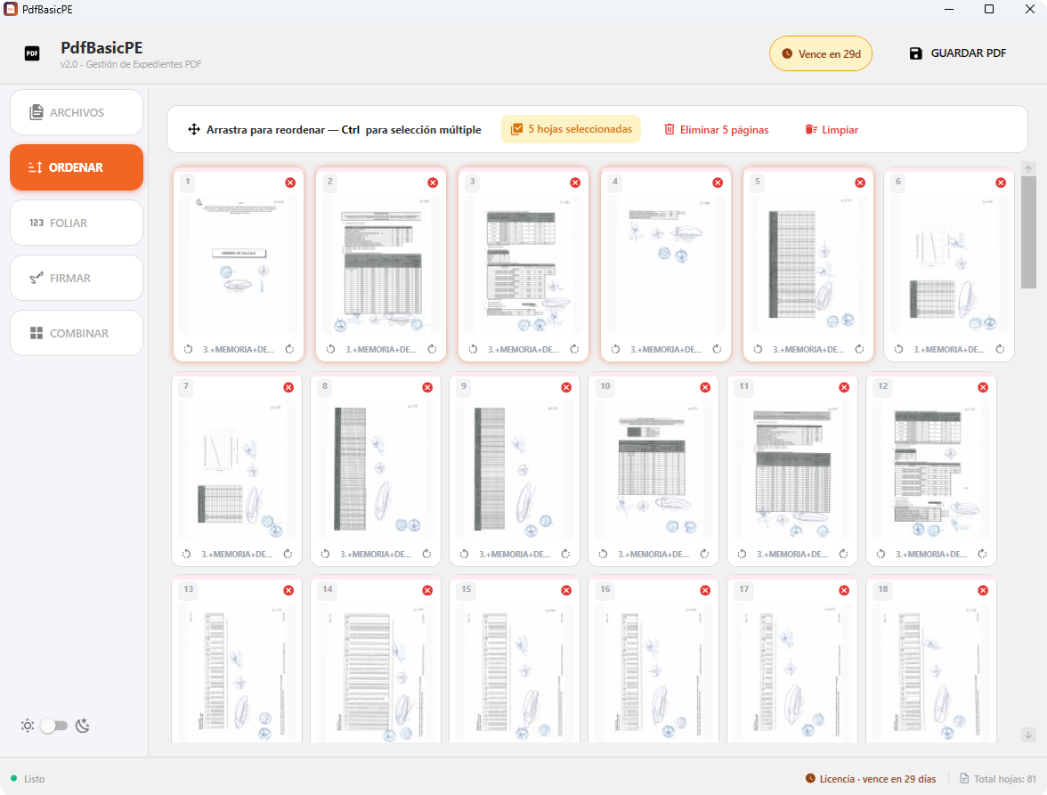 Vista de ordenamiento de paginas con miniaturas y drag and drop