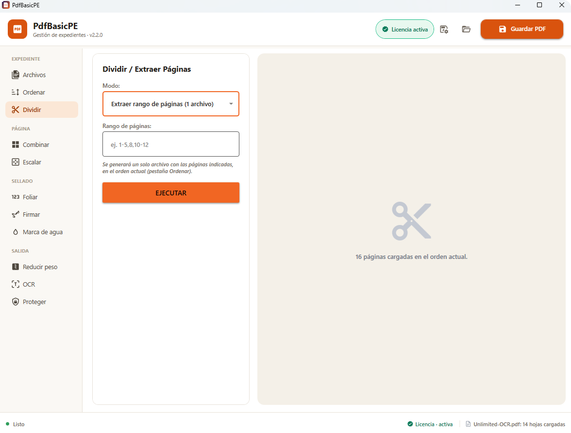 Pestaña Dividir con modo extraer rango de paginas