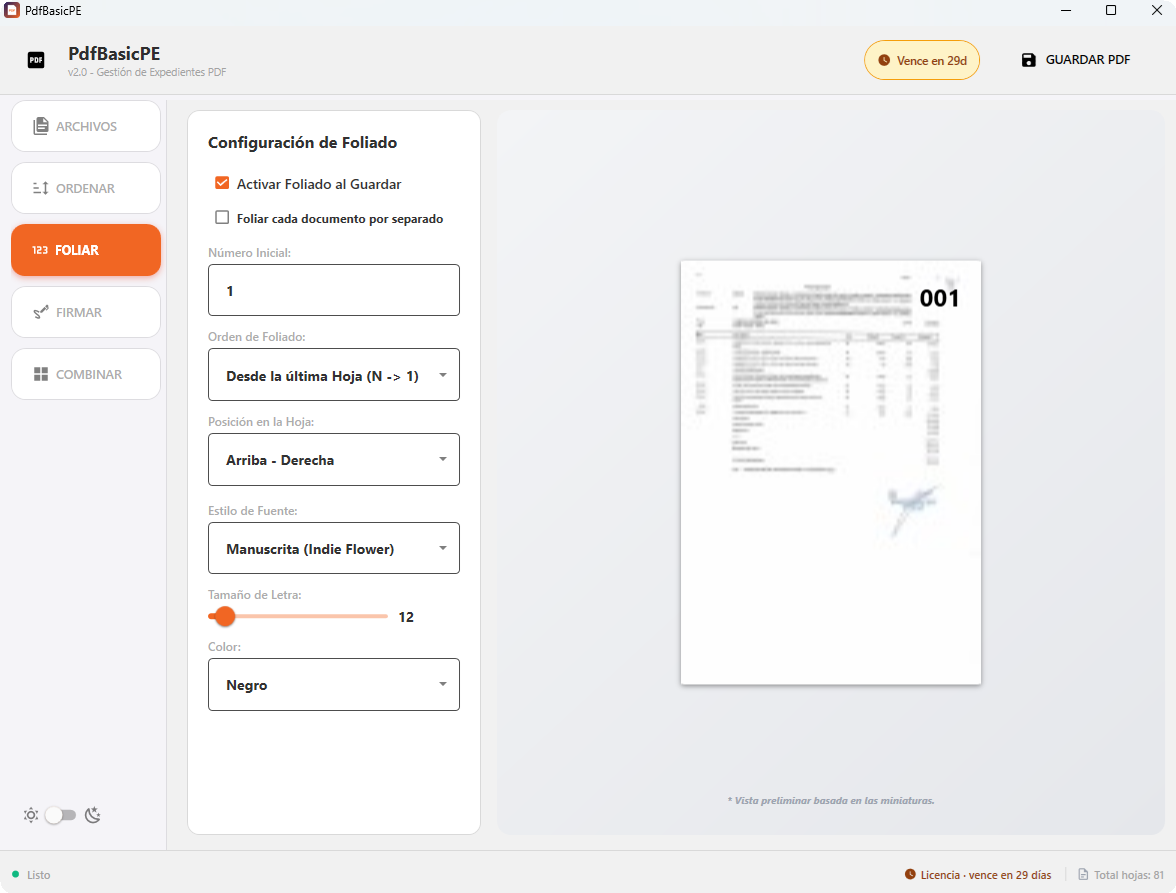 Configuracion de foliado de paginas con vista preliminar en vivo