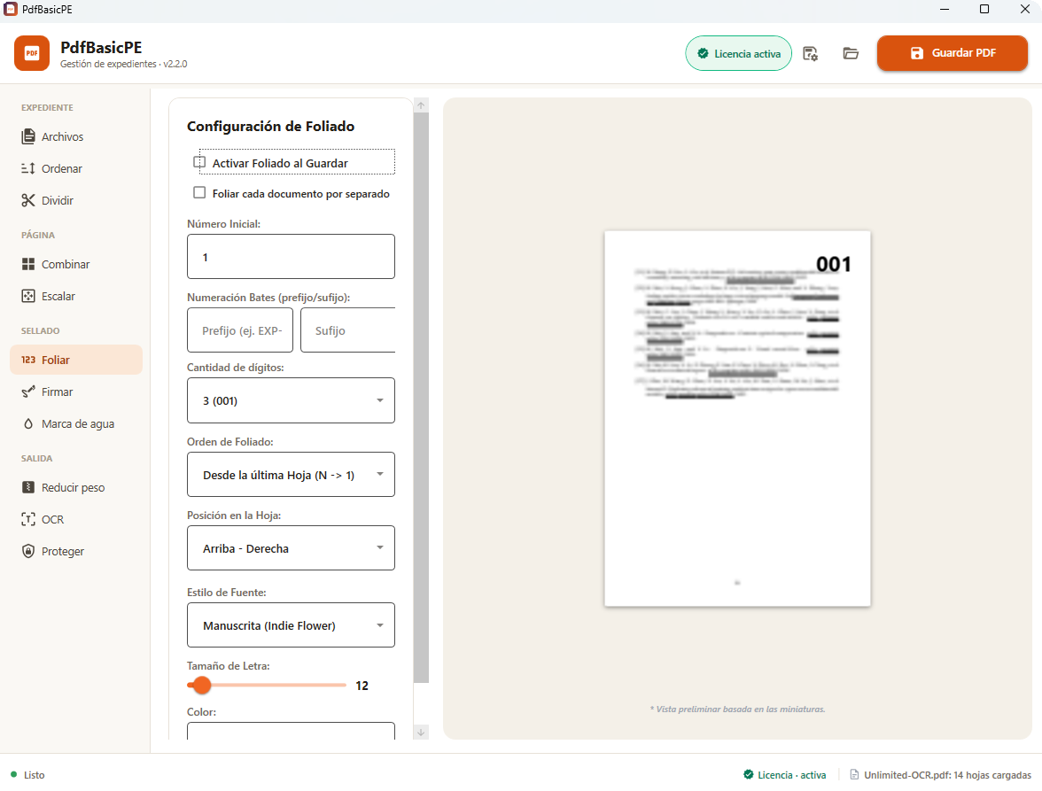 Configuracion de foliado con numeracion Bates y vista preliminar