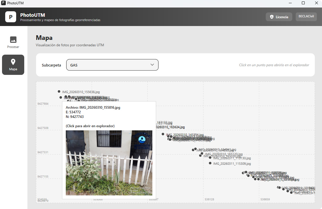 Mapa UTM con tooltip mostrando miniatura de foto y coordenadas E N